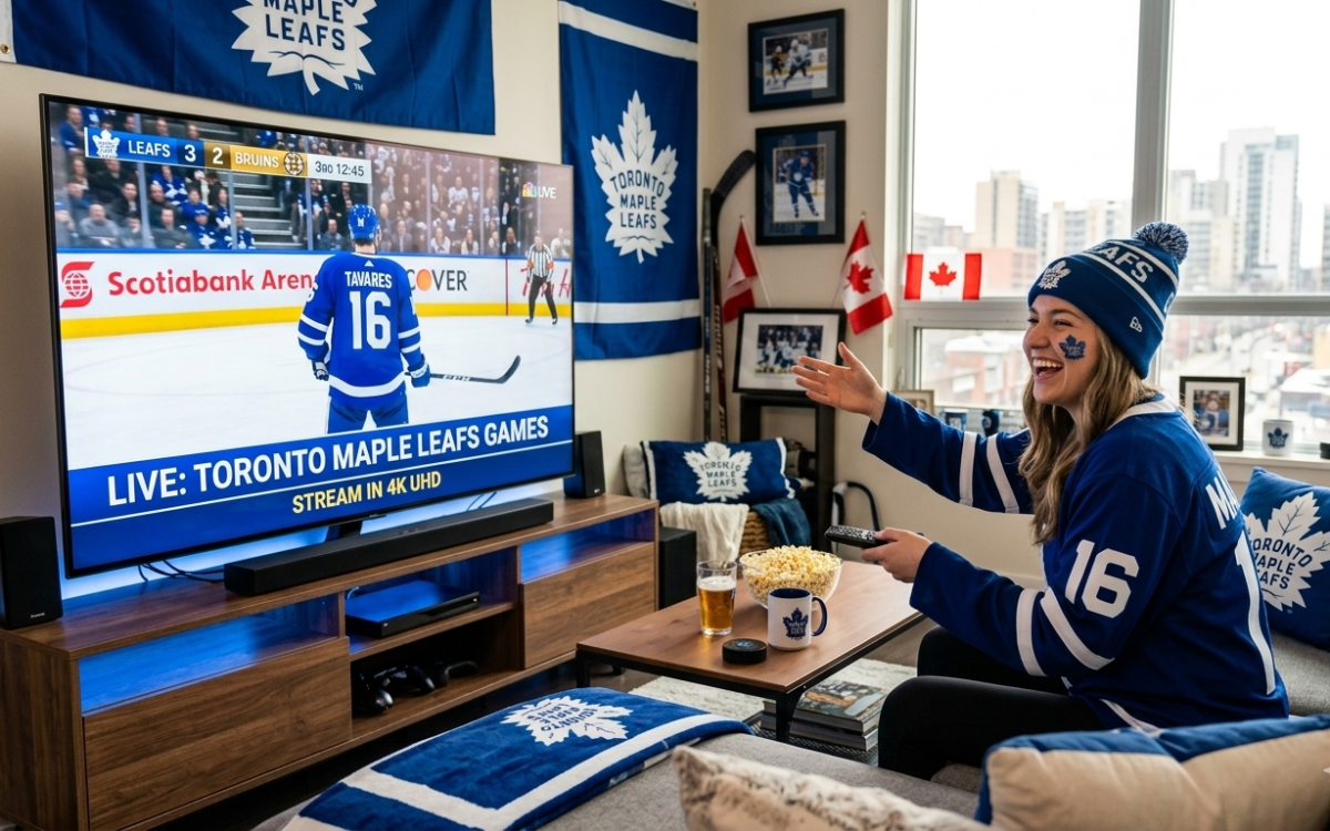 A happy Toronto Maple Leafs fan streaming a live NHL hockey game in 4K UHD quality on a large smart TV using an IPTV service.