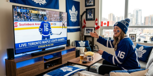 A happy Toronto Maple Leafs fan streaming a live NHL hockey game in 4K UHD quality on a large smart TV using an IPTV service.