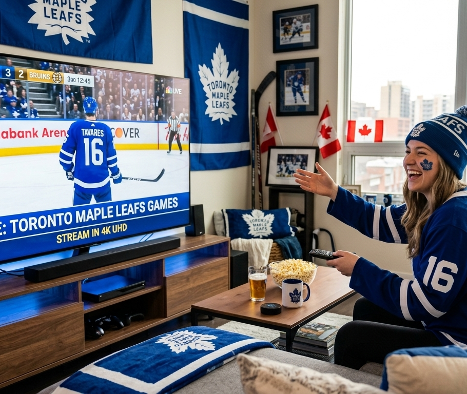 A happy Toronto Maple Leafs fan streaming a live NHL hockey game in 4K UHD quality on a large smart TV using an IPTV service.