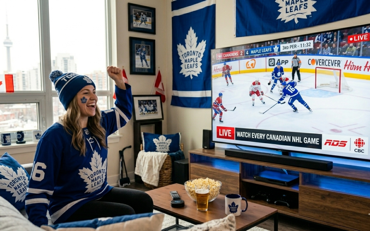 A happy hockey fan streaming a live NHL game in 4K UHD quality on a smart TV using a premium IPTV service.