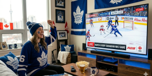 A happy hockey fan streaming a live NHL game in 4K UHD quality on a smart TV using a premium IPTV service.