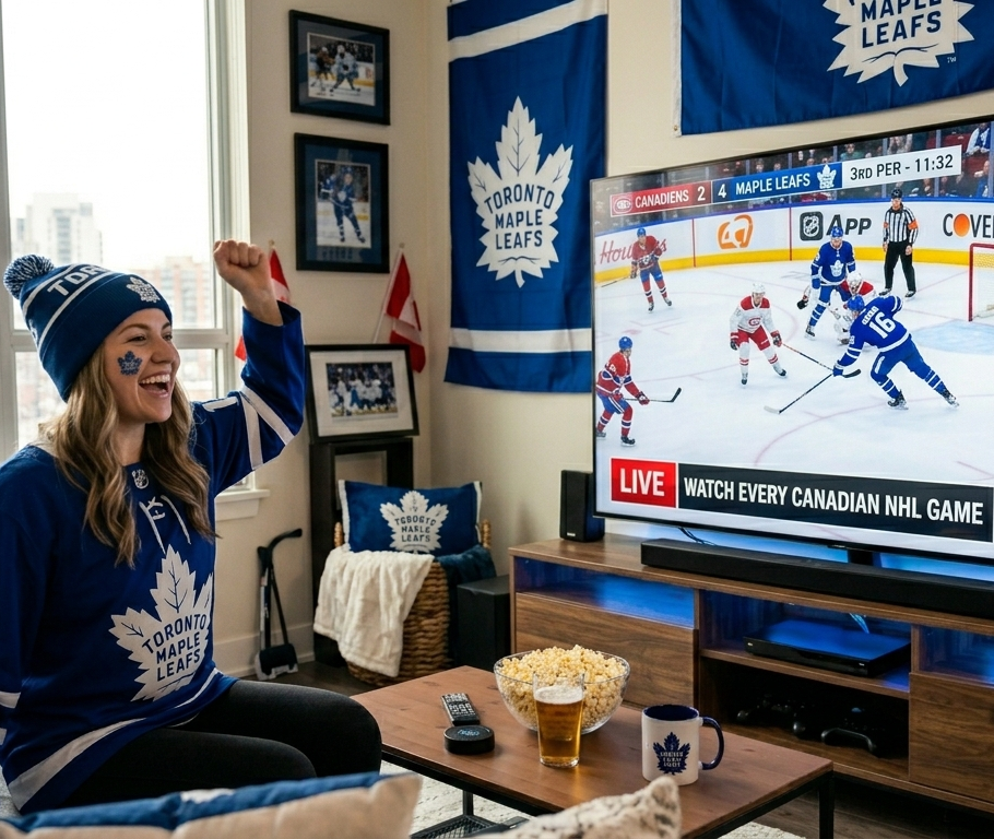 A happy hockey fan streaming a live NHL game in 4K UHD quality on a smart TV using a premium IPTV service.